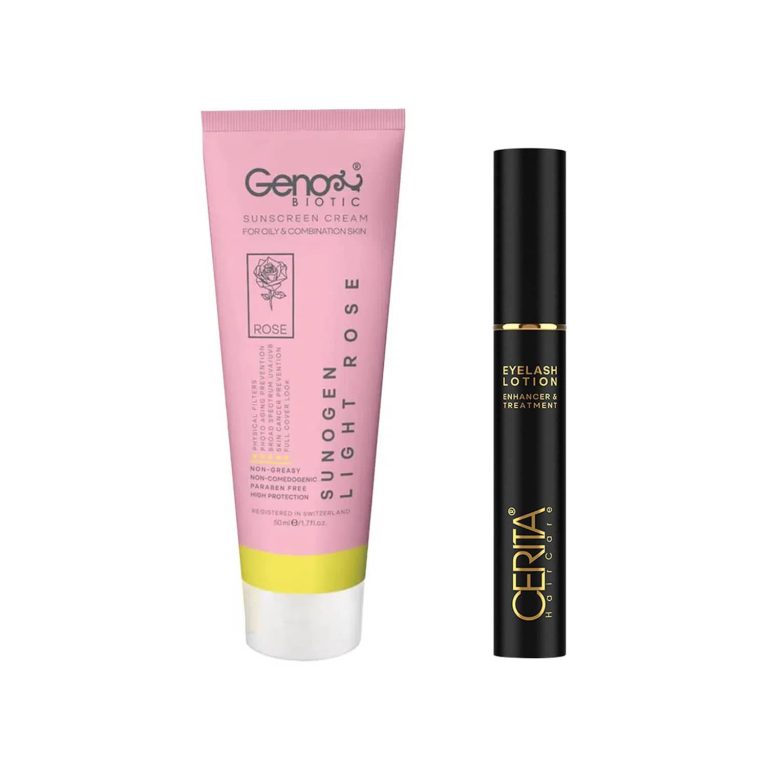 پکیج محلول تقویت مژه و کرم ضد آفتاب SPF50 رز روشن مناسب پوست چرب و مختلط مجموعه 2 عددی