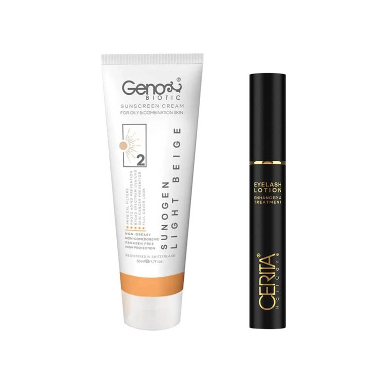 پکیج محلول تقویت مژه و کرم ضد آفتاب SPF50 بژ روشن مناسب پوست چرب و مختلط مجموعه 2 عددی