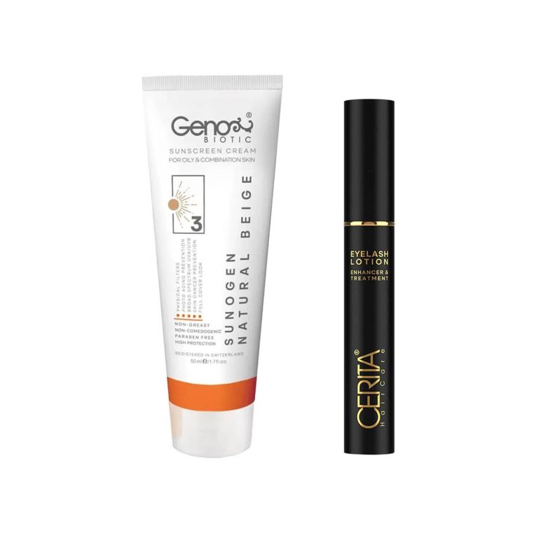 پکیج محلول تقویت مژه و کرم ضد آفتاب SPF50 بژ طبیعی مناسب پوست چرب و مختلط مجموعه 2 عددی