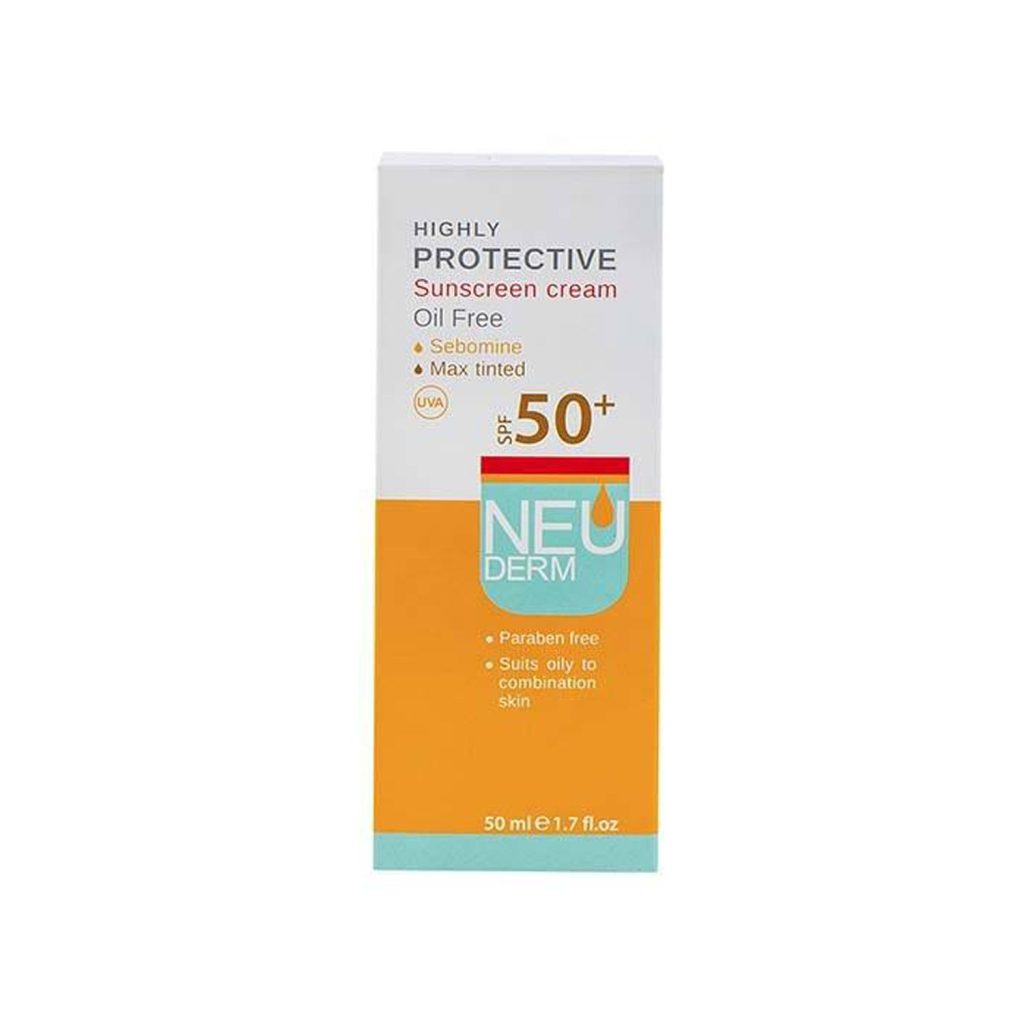 کرم ضد آفتاب فاقد چربی نئودرم مدل Highly Protective Max Tinted SPF50 مناسب پوست چرب و مختلط حجم 50 میلی لیتر – بژ تیره