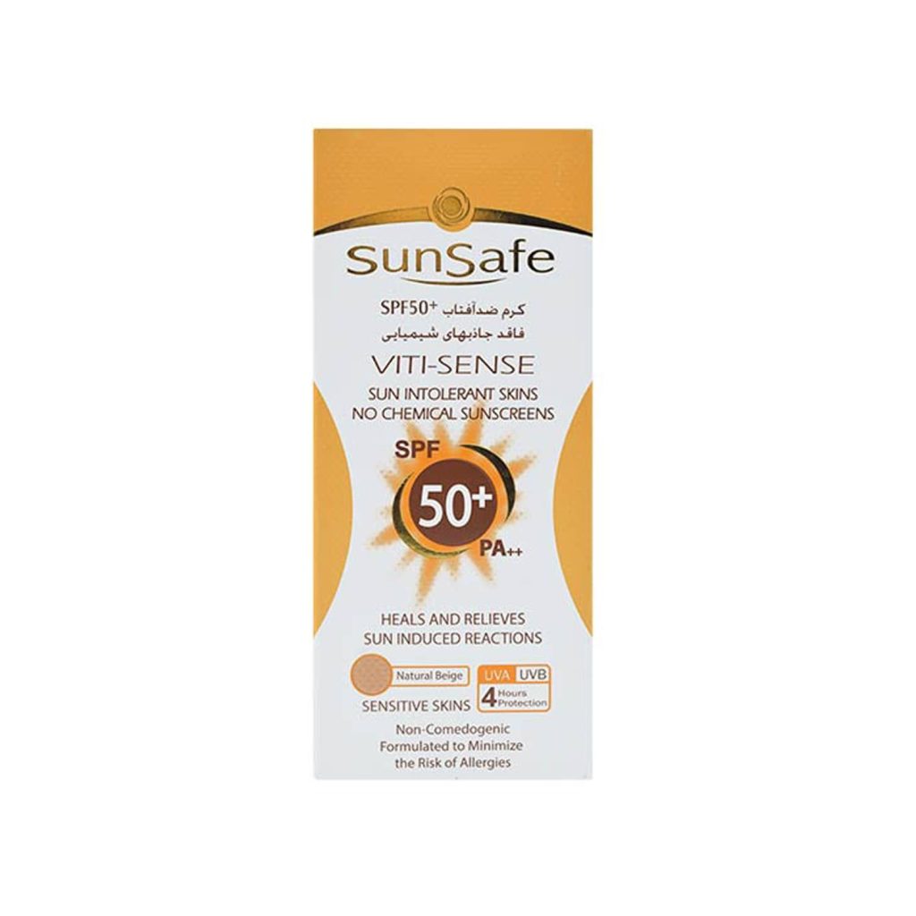 کرم ضد آفتاب فاقد جاذب های شیمیایی SPF 50 سان سیف مناسب پوست حساس حجم 50 میلی لیتر – بژ طبیعی