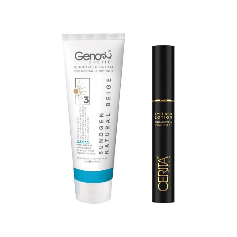 پکیج محلول تقویت مژه و کرم ضد آفتاب SPF50 بژ طبیعی مناسب پوست معمولی تا خشک مجموعه 2 عددی