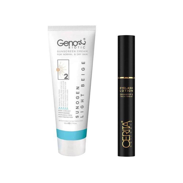 پکیج محلول تقویت مژه و کرم ضد آفتاب SPF50 بژ روشن مناسب پوست معمولی تا خشک مجموعه 2 عددی
