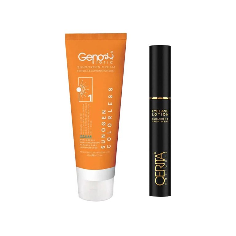 پکیج محلول تقویت مژه و کرم ضد آفتاب SPF50 بی رنگ مناسب پوست چرب و مختلط مجموعه 2 عددی