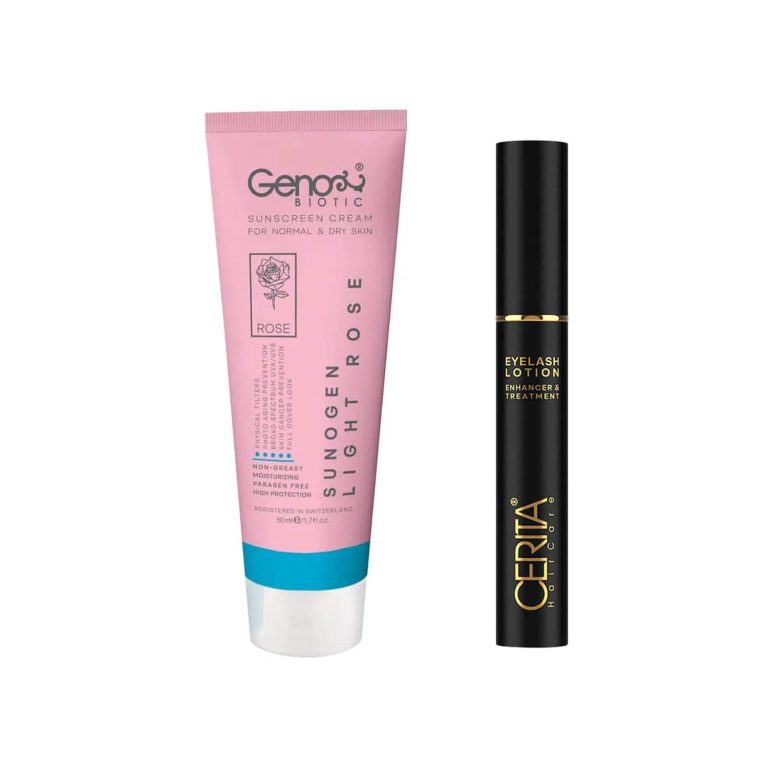 پکیج محلول تقویت مژه و کرم ضد آفتاب SPF50 رز روشن مناسب پوست معمولی تا خشک مجموعه 2 عددی