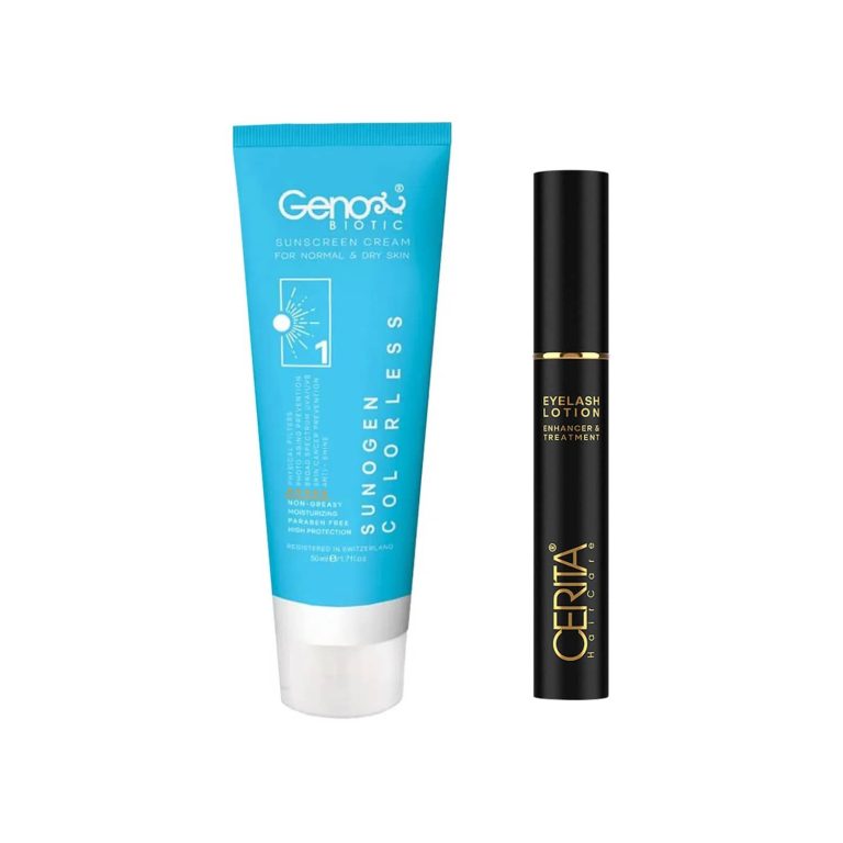 پکیج محلول تقویت مژه و کرم ضد آفتاب SPF50 بی رنگ مناسب پوست معمولی تا خشک مجموعه 2 عددی